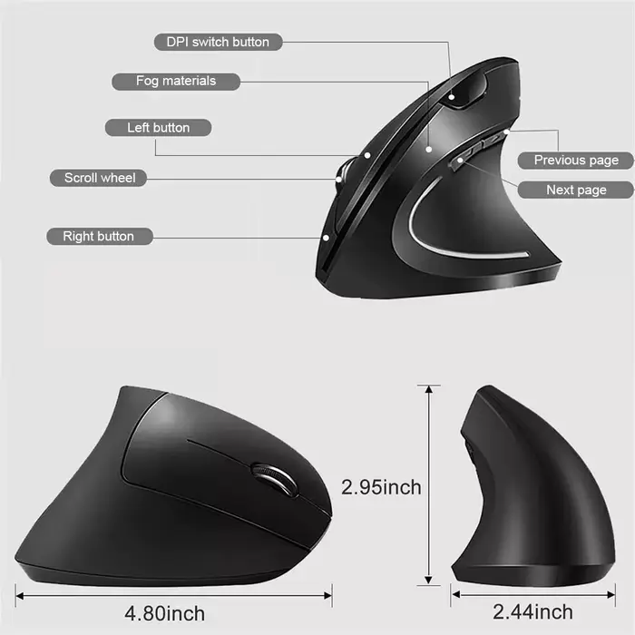 Souris verticale sans fil Bluetooth 800 1200 1600 DPI 6 boutons poignée latérale personnalisée ergon