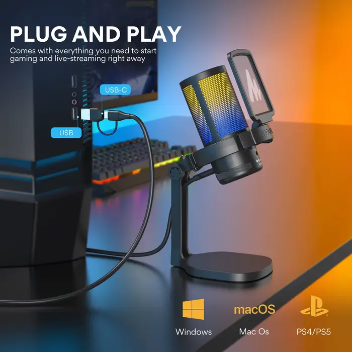 Microphone de jeu Maono DGM20, microphone USB à condensateur, micro de jeu RGB avec logiciel de rédu