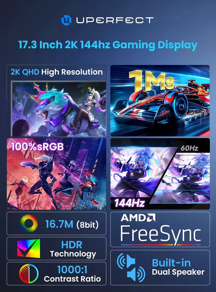 UPERFECT 17.3 "144Hz moniteur de jeu Portable 2560*1440 2K 16:9 HDMI USB C 100% sRGB Freesync écran pour ordinateur de