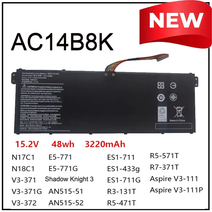 Batterie d'ordinateur portable AC14B8K 15.2V 3220mAh pour Acer Aspire 5 AN515-51 AN515-52 AN515-53 V3-371 V3-111 ES1-111 ES1-512 R3-131T R5-471T