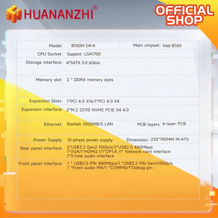 HUANANZBottles B760M D4-A M-ATX DDR4 Carte Mère Support 12 13 Isabel B760 Intel LGA 1700 CPU 12100F 12400F 12490F 12600F/12700F 13600F