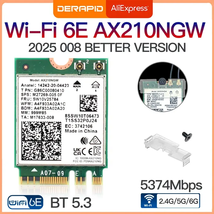 Carte sans fil WiFi 6E AX210 5374Mbps BT5.3 Tri-bande 2.4GHz/5GHz/6GHz 802.11ax