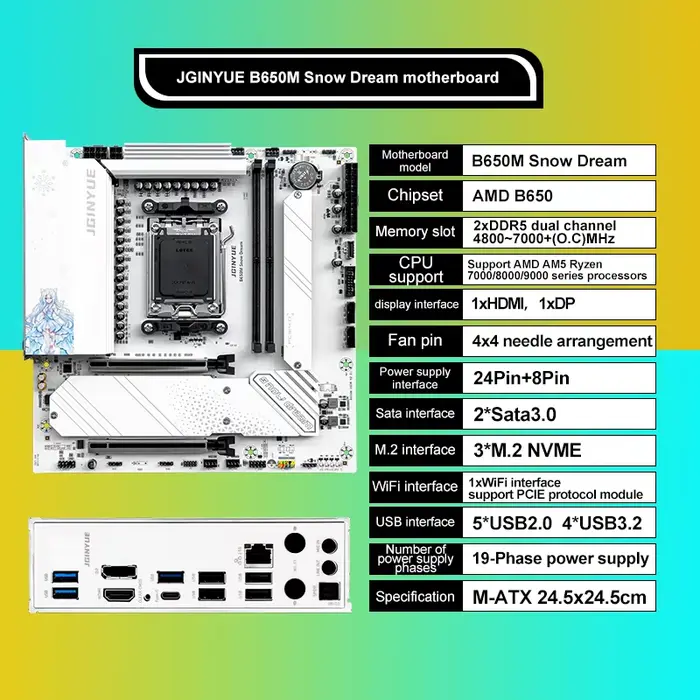 Carte mère B650M Snow Dream AM5 DDR5 ARGB M-ATX pour le jeu