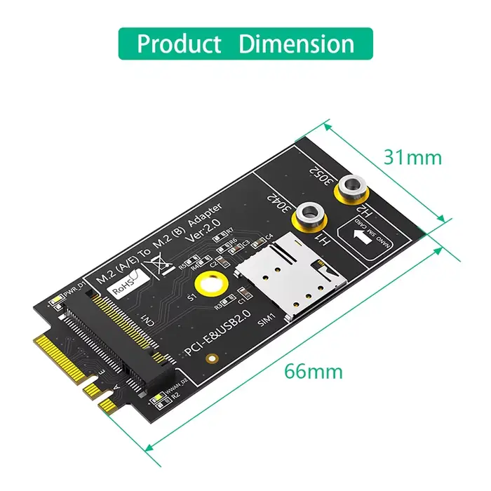 Adaptateur M.2 clé B vers M.2 clé A + E avec fente pour carte NANO