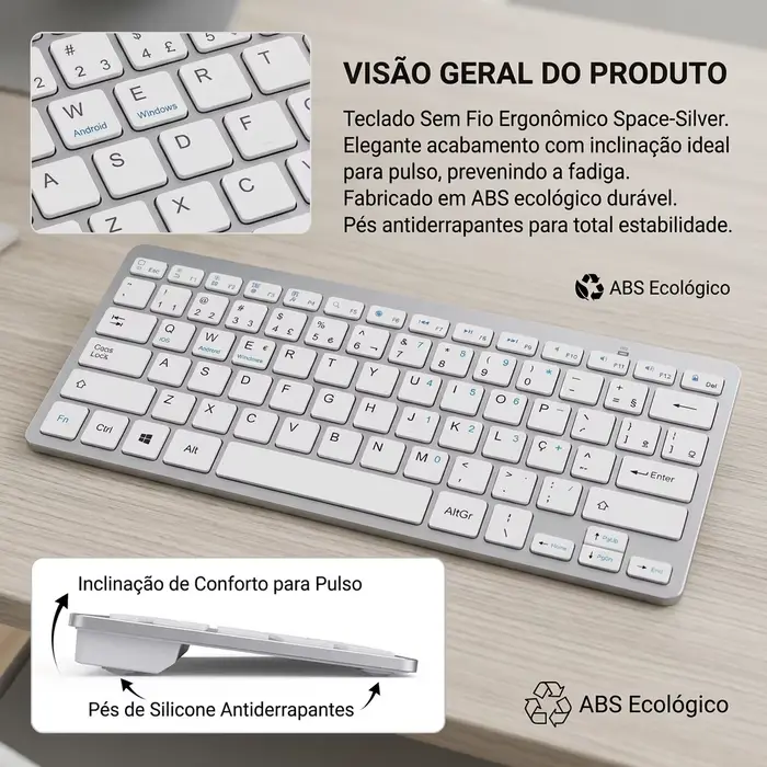 Clavier Bluetooth portugais (Brésil) sans fil, portable, ultra fin, silencieux, pour Mac, iPad, iPhone, iOS, Android, Windows, Smart
