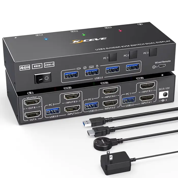 Commutateur de moniteur KVM pour touristes, USB 3.0, HDMI, 2 moniteurs, 3 aliments, émulateur EDID, 