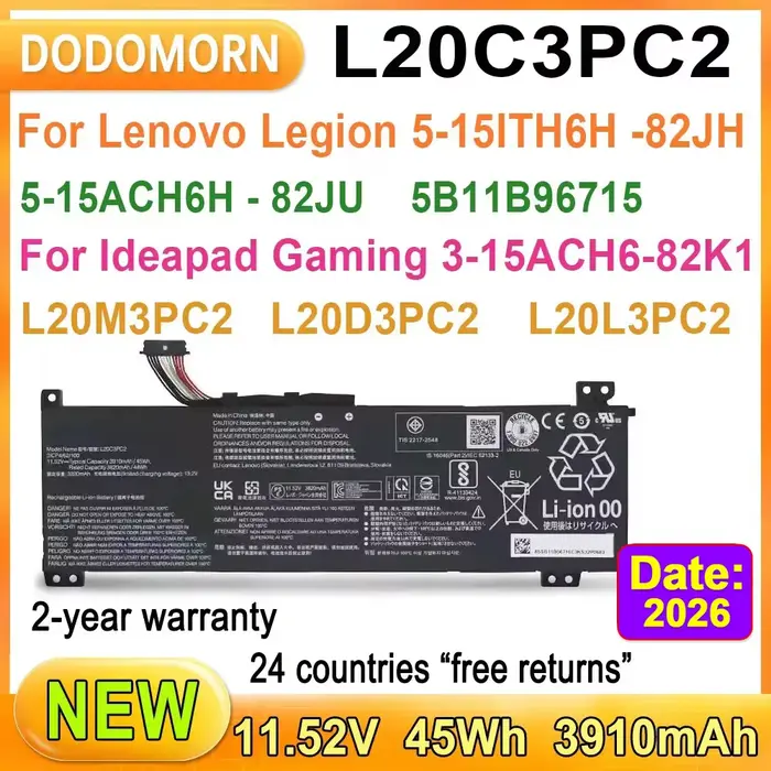 Batterie pour ordinateur portable Lenovo Emergency Apad Gaming 3, 15156, 6, 15IHU6, 82K1, 82K2, L20L