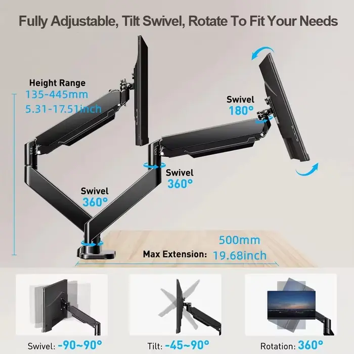 Support à Double Écran Ergonomique et Réglable de 32 Pouces