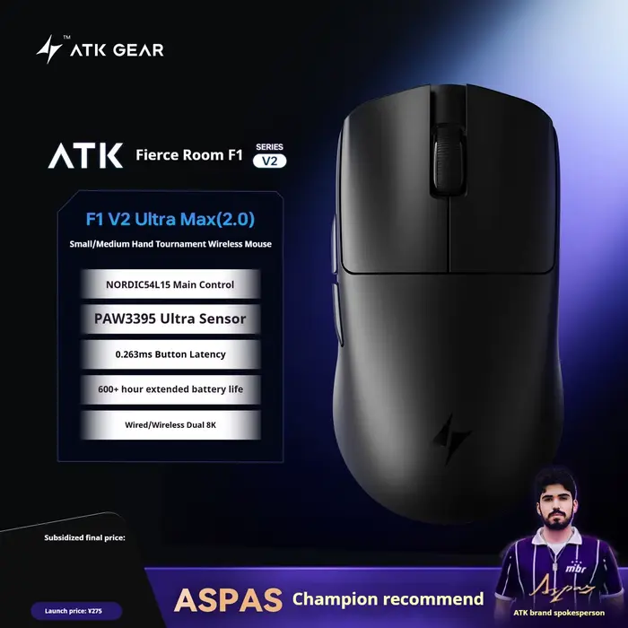 Atk F1 V2 Ultimate Mouse 38g léger double Mode sans fil 8K Gamer souris faible latence Paw3950utrla 