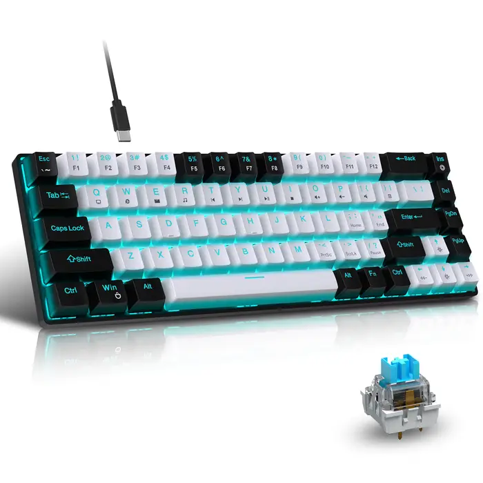 Clavier de jeu mécanique, clavier de jeu 68 touches avec bleu/interrupteurs, Mini clavier détachable