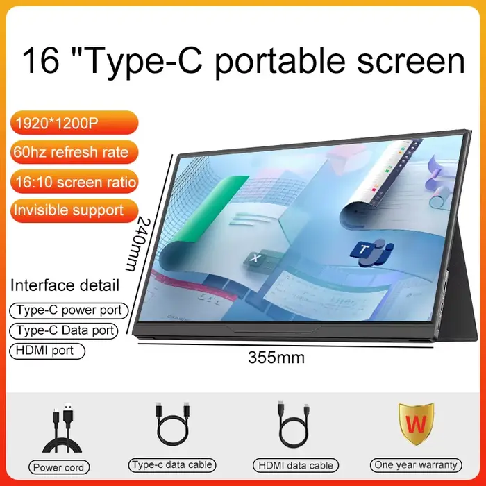 Moniteur portable LANLIPU 16 pouces pour jeux, extension d'écran avec Type C HDMI pour PS4/5/Steam/D