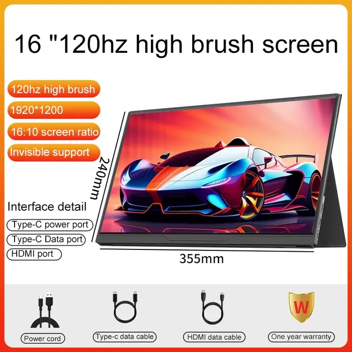 Moniteur portable de 16 pouces, 100% SRGB, 120Hz, écran d'ordinateur portable de jeu avec Type C Min