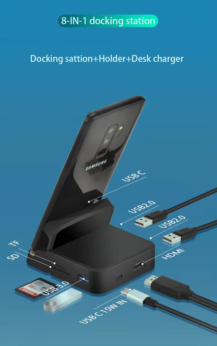 Station d'accueil USB-C 8-en-1 avec support pour téléphone