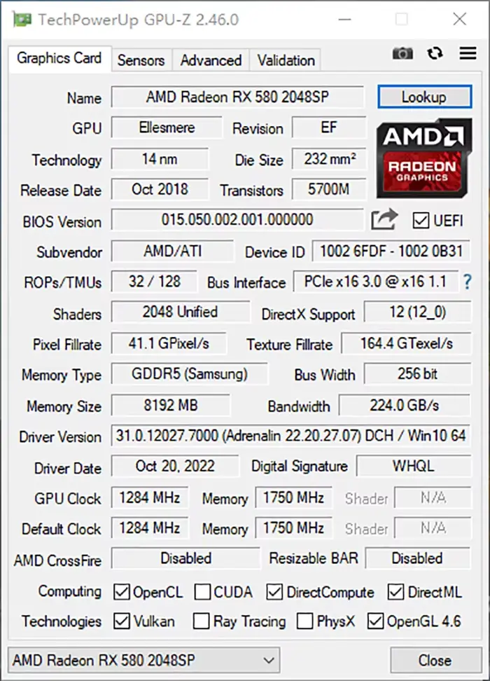 MLLSE AMD RX 580 8GB 2048SP carte graphique De jeu GDDR5 256Bit PCI-E 3.0 × 16 8Pin Radeon GPU Rx 580