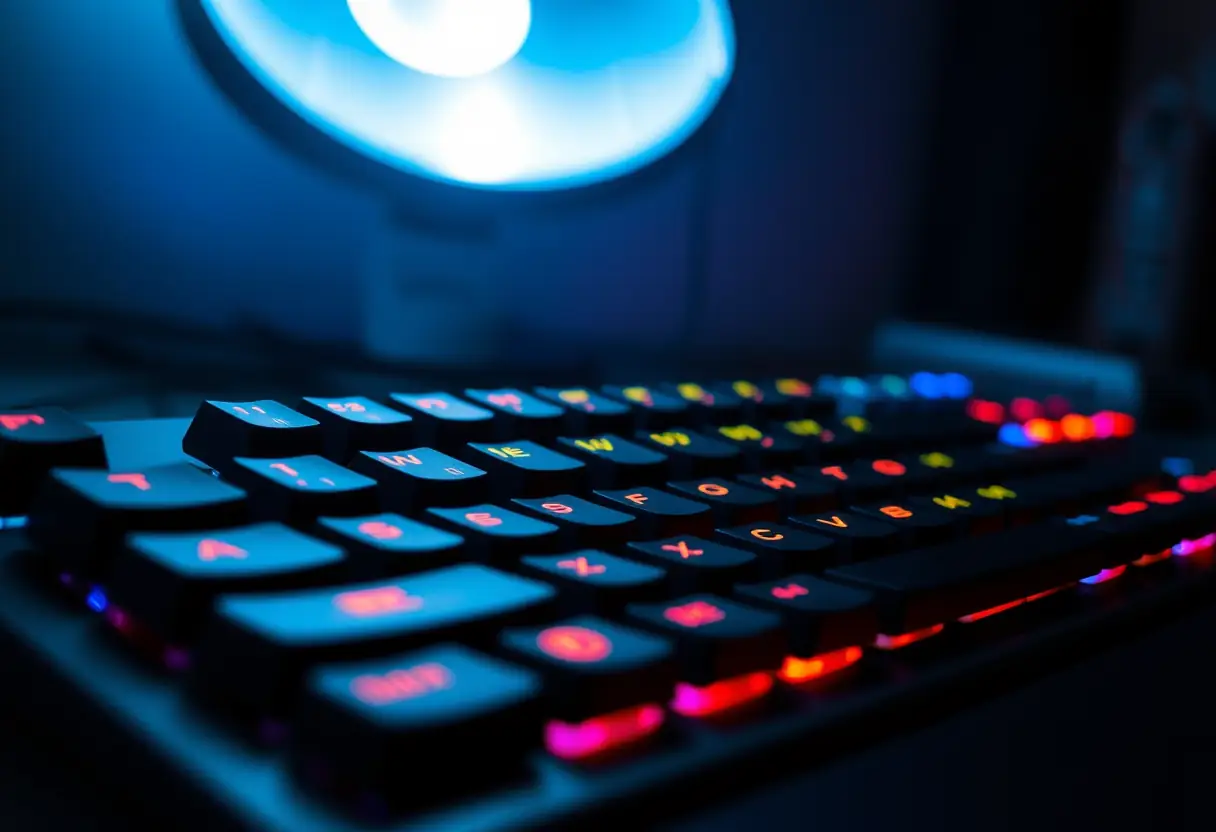 Clavier avec touches colorées sous une lampe de bureau, soulignant l'expérience tactile du jeu.